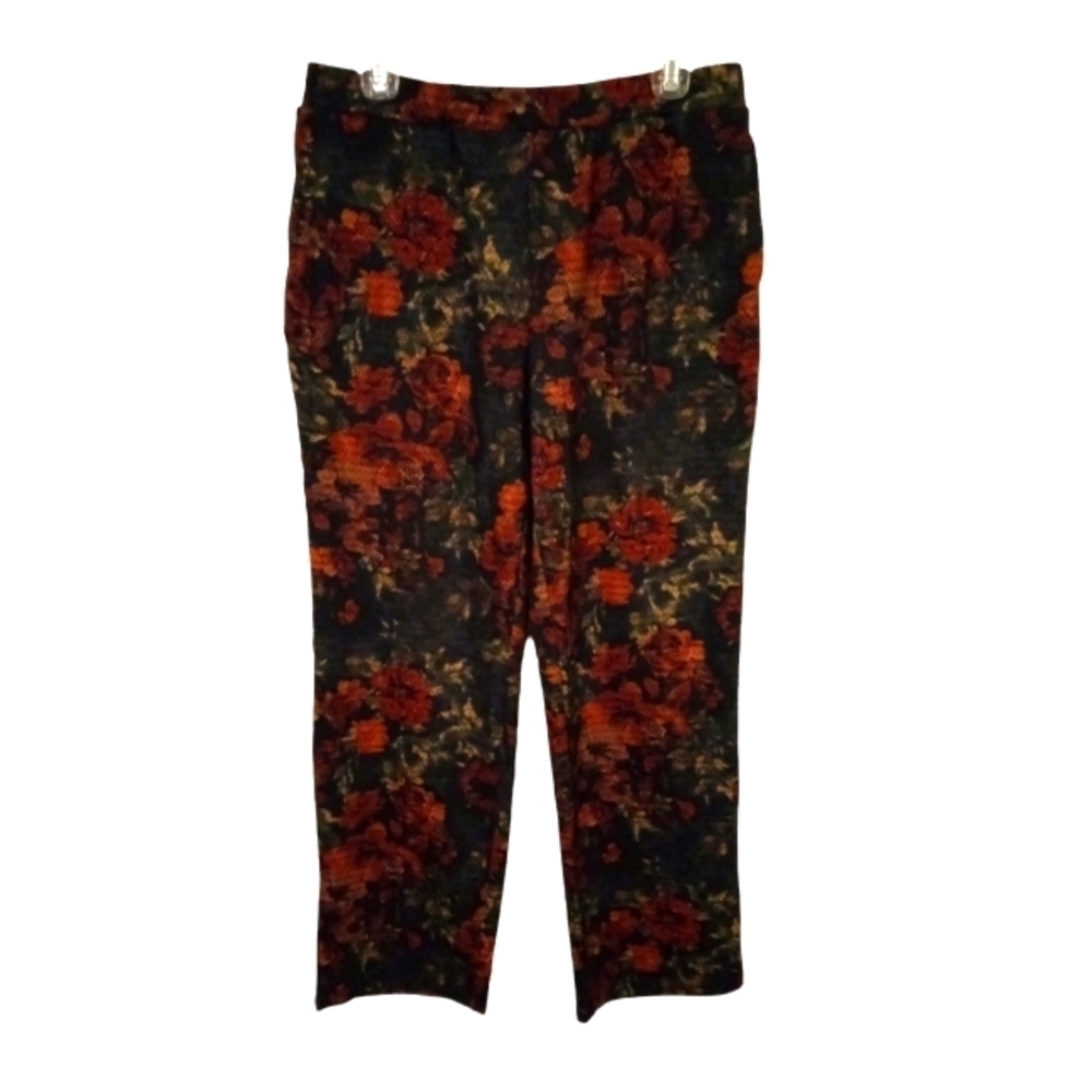 Susan Graver Floral Liquid Knit Pants Pull On Straight Legged Business Casual S